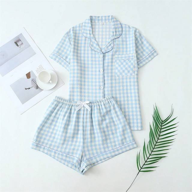 SHEIN 2pcs Women&#39;s Plaid Print Pajama Set, Short Sleeve Button Collar Top And Shorts, Casual Summer Sleepwear,Two Pieces Set