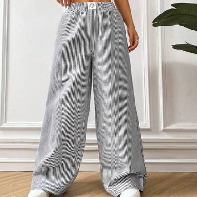 SHEIN Plus Size Women Blue Striped Woven Long Pants Woman S Summer Clothes Pants Summer Women S Summer Pants,Business Casual Woman