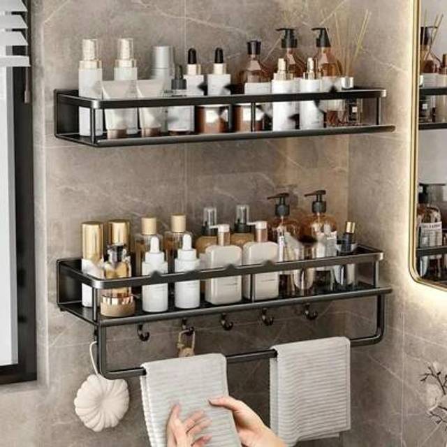 SHEIN 1pc Single-Tier Black Metal Bathroom Shower Shelf Hanging Steel Iron Caddy Rack For Organization Home Tool Holder In Packed Box
