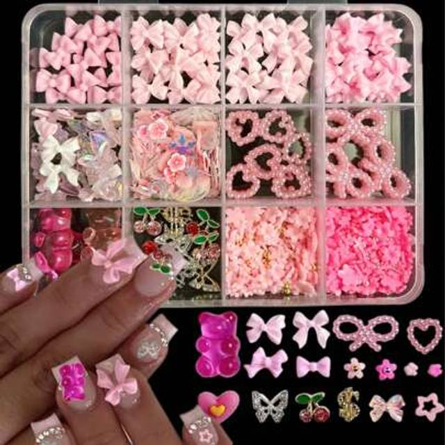 SHEIN 1 Box 12-Grid Mixed Bow, Heart, Pearl, Bear, Mini Flower, Butterfly, Cherry Coin Flat Rhinestone Nail Art Decorations Diy Nail Supplies Nails Nail Cha
