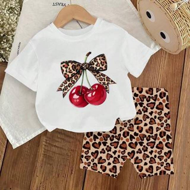 SHEIN Baby Girl Cherry Print Short Sleeve T-Shirt And Leopard Print Shorts Set