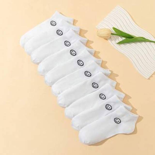 SHEIN 10/12 Pairs Women Shallow Mouth Short Socks With Smile Face Pattern, Spring/Summer