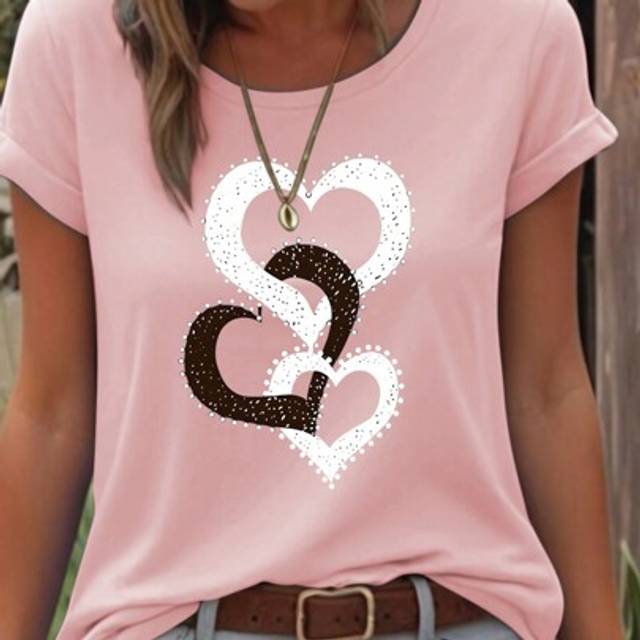 SHEIN Women&#39;s Heart Pattern Printed Round Neck Short Sleeve Casual T-Shirt For Summer For New Year Clothes Graphic Tees Women Tops