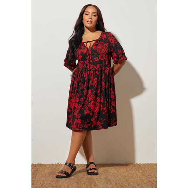Yours Curve Black & Red Floral Tie Neck Mini Dress, Women's Curve & Plus Size, Yours - 22-24
