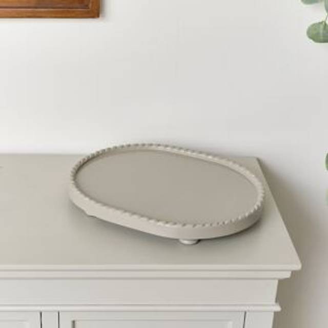 Oval Taupe Painted Wooden Detailed Tray - 38cm Material: New Products