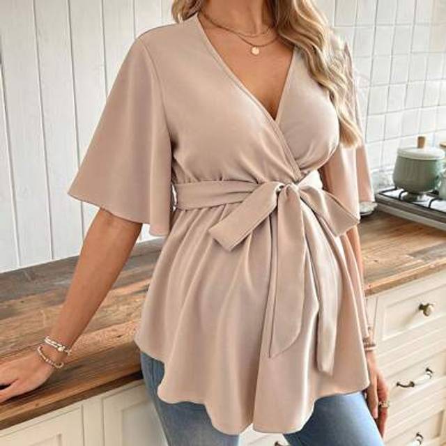 SHEIN V-Neck Ruffle Maternity Blouse With Belt