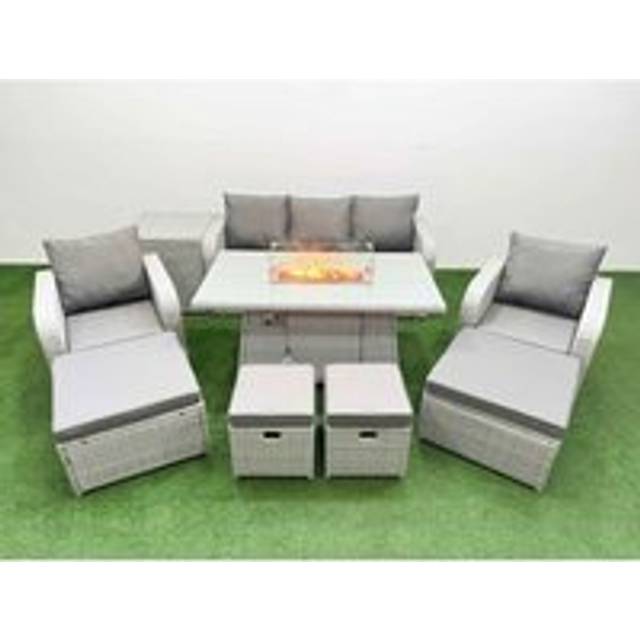 Fimous PE Rattan Lounge Sofa Set 9 Seater Outdoor Garden Furniture Set with Gas Firepit Table 3 Seater Sofa 2 Big Footstools Side Table Light Grey