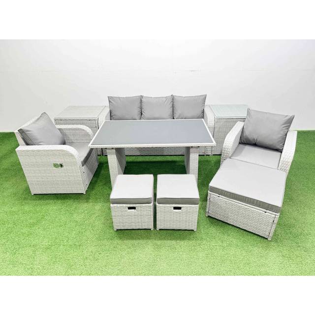 Fimous Outdoor Rattan Garden Furniture Dining Set 8-seater Patio Rectangular Table 3 Seater Sofa Reclining Chair Set with 2 Side Tables 3 Stools