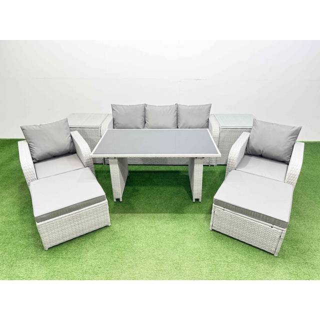 Outdoor Rattan Garden Furniture Dining Set 7-seater Patio Rectangular Table 3 Seater Sofa Reclining Chair Set with 2 Side Tables 2 Big Stools - Fimous