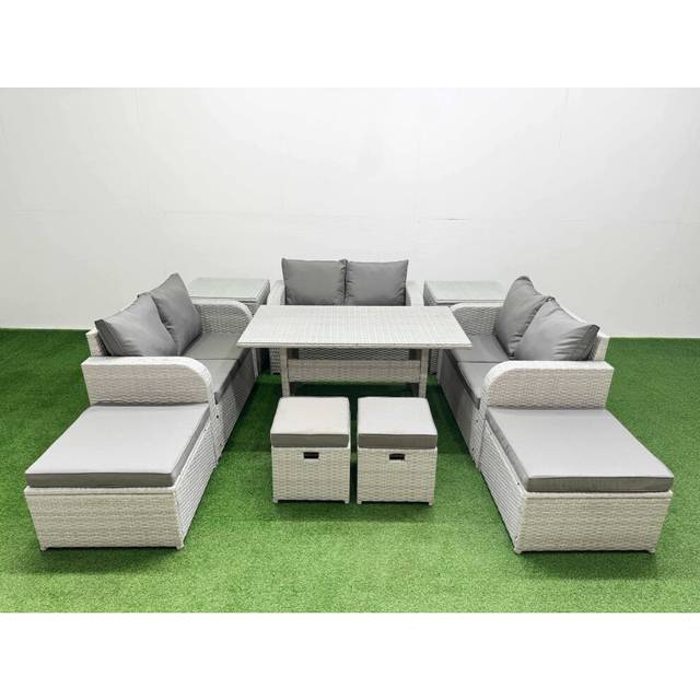 Fimous PE Rattan Lounge Sofa Set 10 Seater Outdoor Garden Furniture Set with Dining Table Love Sofa 2 Big Footstools 2 Small Stool 2 Side Tables
