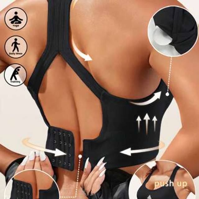 SHEIN Women&#39;s Seamless Sports Bra Shockproof Push Up Running Yoga Bra Back Beauty Thin Section Lift Armpit Bra, Wireless, Lingerie Solid Color Set Cross Str