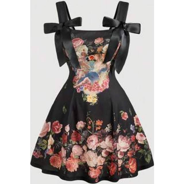 SHEIN Plus Size Bowknot Tie-Up Printed Dress, Retro Palace Style Dress.  Women Short Dresses Summer Tea Party Dress,Corset Dress For Women
