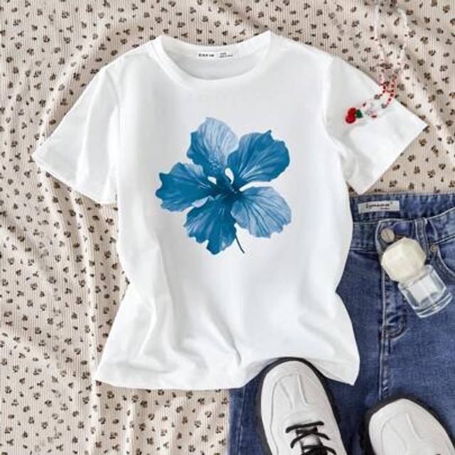 SHEIN Teen Girls&#39; Casual Floral Print Round Neck Short Sleeve T-Shirt, Summer
