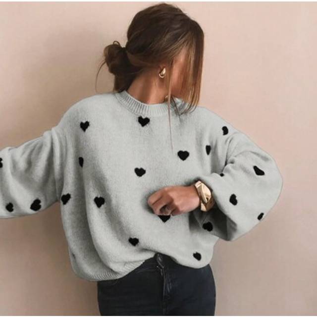 SHEIN Autumn And Winter Women&#39;s Valentine&#39;s Day Cute Casual Heart-Patterned Loose-Fit Fashionable Sweater With Round Neck And Long Sleeves, Basic Sweater, B