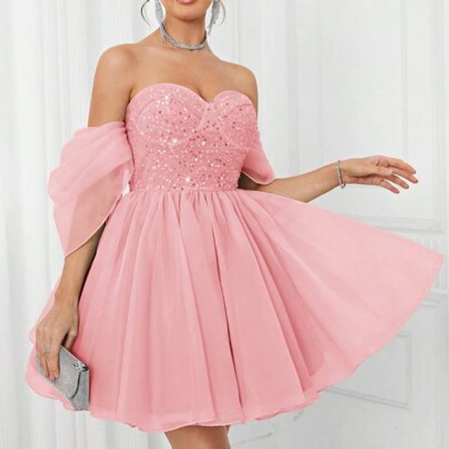 SHEIN Elegant Off Shoulder Puffy Puff Sleeve Dress With Sequins Decor And Large A-Line Dress, Perfect For Cocktail Parties Prom Semi Formal Wedding Guest Dr