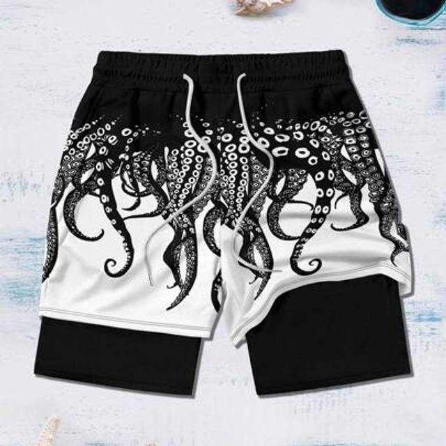 SHEIN Plus Size Men&#39;s Holiday Casual Octopus Print Double Layer Sport Beach Shorts, Hawaiian