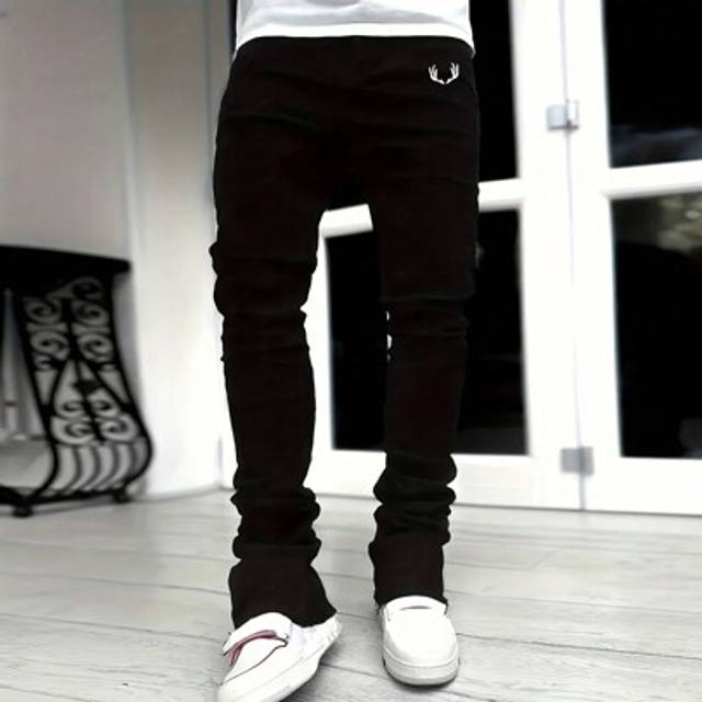 SHEIN Men&#39;s Solid Slant Pocket Slim Fit Wide Leg Jeans Long Washed Flare Letter Print Jeans Solid Black Party Streetwear, Rapper