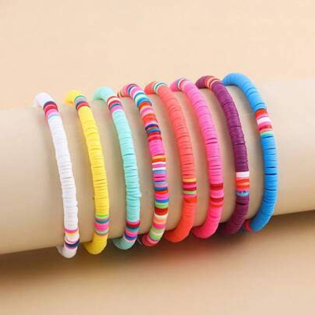 SHEIN 8pcs Random Color Bohemian Soft Clay Round Bead Elastic Bracelets