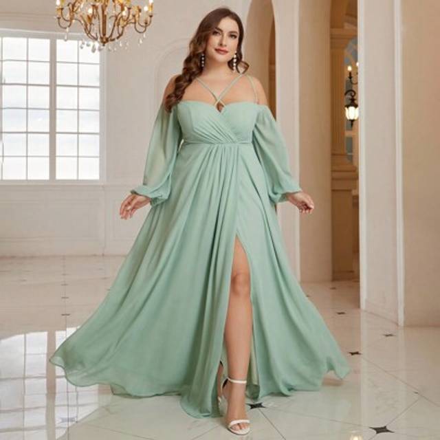 SHEIN Plus Size Off Shoulder Long Sleeve Elegant Bridesmaid Dress