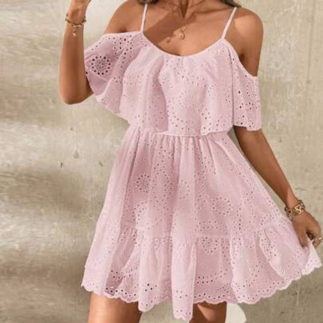SHEIN Elegant Women&#39;s White Plain Embroidered Lotus Leaf Swing Collar Suspender Waist Cinching A-Line Dress, Spring And Summer Dresses, Suitable For Various