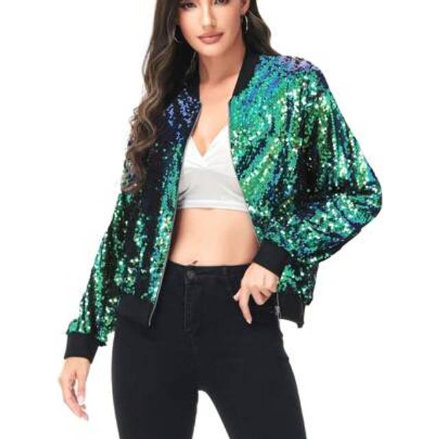 SHEIN Womens Sequin Long Sleeve Front Zip Jacket With Ribbed Cuffs