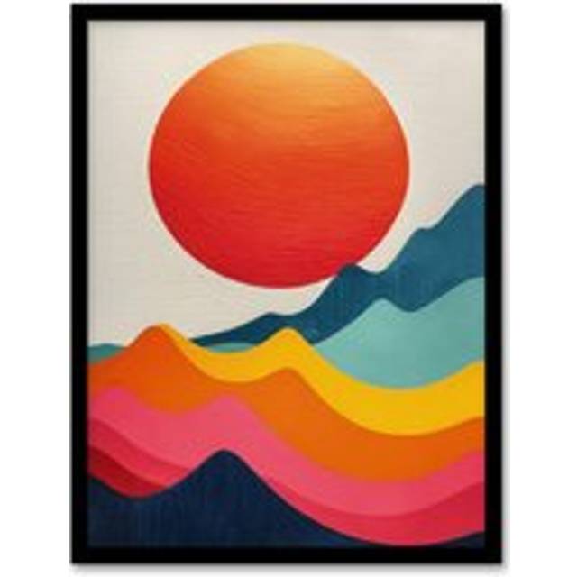 Wall Art Print Abstract Waves Sunset Sun Vibrant Oil Painting Art Framed Poster - Black - W12 inch x H16 inch