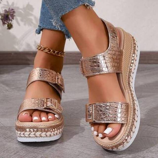 SHEIN Summer Dressy Platform Sandals, Woven Strap Beach Wedge Thick Sole Roman Sandals With Rivet Decor, Bohemian Open Toe Elastic Ankle Strap Breathable Ca