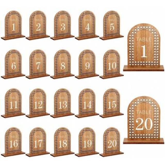 SHEIN 20pcs 1-20 Rattan Engraved Table Numbers With Wooden Stand, Wooden Wedding Signs For Dining Table, Restaurant, Wedding Party Decoration