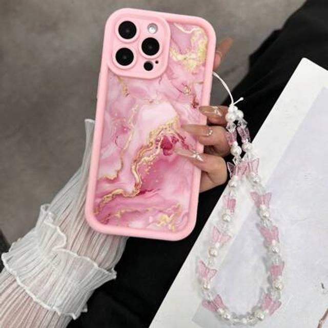 SHEIN Marble Painted Recessed Pink With Additional Chain Shockproof Minimalist Fashion Case For IPhone 16/IPhone 15, Painted IPhone 15 Pro Max, Apple P13 Ph