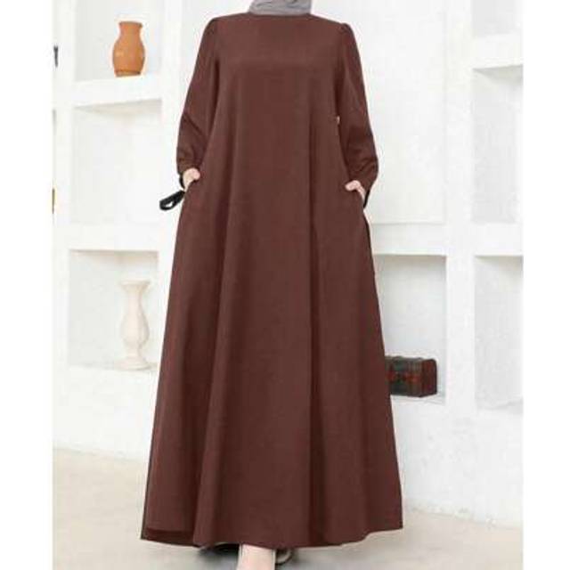 SHEIN Women Solid Color Round Neck Long Sleeve Pocket Casual Arabic Dress, Modest