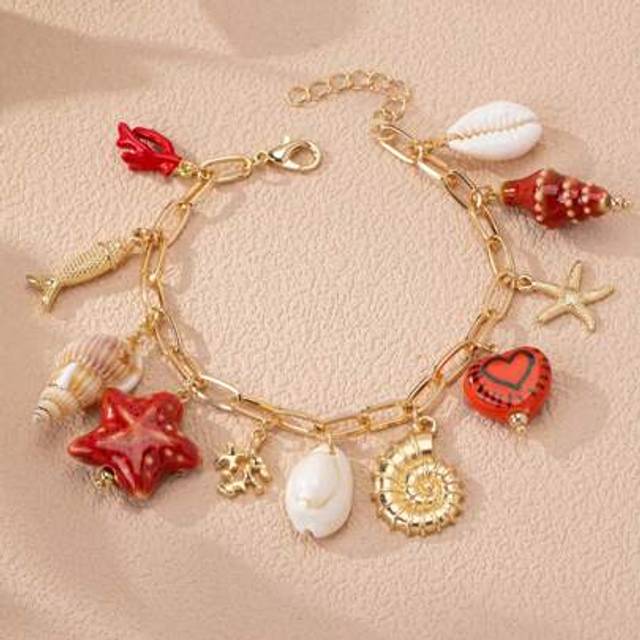 SHEIN 1pc Summer Sea Life Charms Bracelet, Beachy Style Natural Conch Shell & Starfish Charm Bracelets, Handmade Jewelry For Vacation (Color & Shape Have Ra