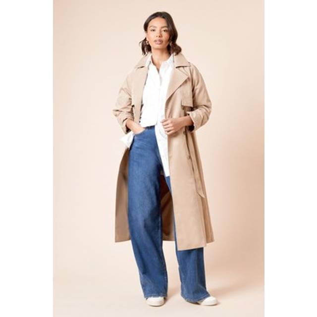 Womens Longline Double Breasted Belted Trench Coat - Stone - 12