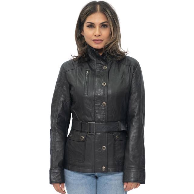 (24) Ladies Black Biker Leathr Mid Length Belted Jacket