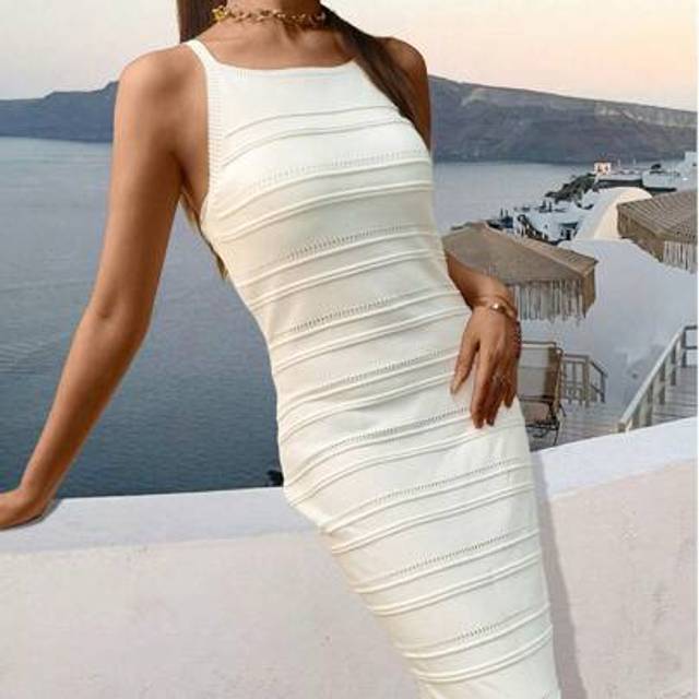 SHEIN Women&#39;s Summer New Sexy Backless Knitted Sweater Dress Female Holiday Style Music Festival Fashion Elegant Bohemian White Long Skirt