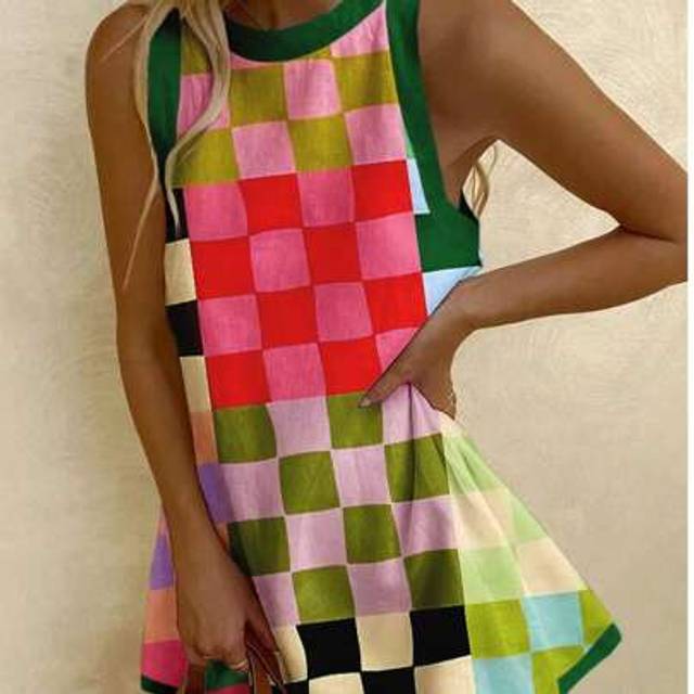 SHEIN BOHO Seaside Resort Sleeveless Colorful Plaid Women&#39;s Short Dresses