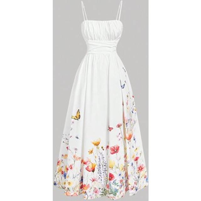 SHEIN Chest Smocking Waist Flowy Print Dress,Summer,Festival,Vintage,Tropical, Elegant,Vacation,Party,Flowy,Tea Party,Modest,Prom,Formal,Floral Outfits Wome