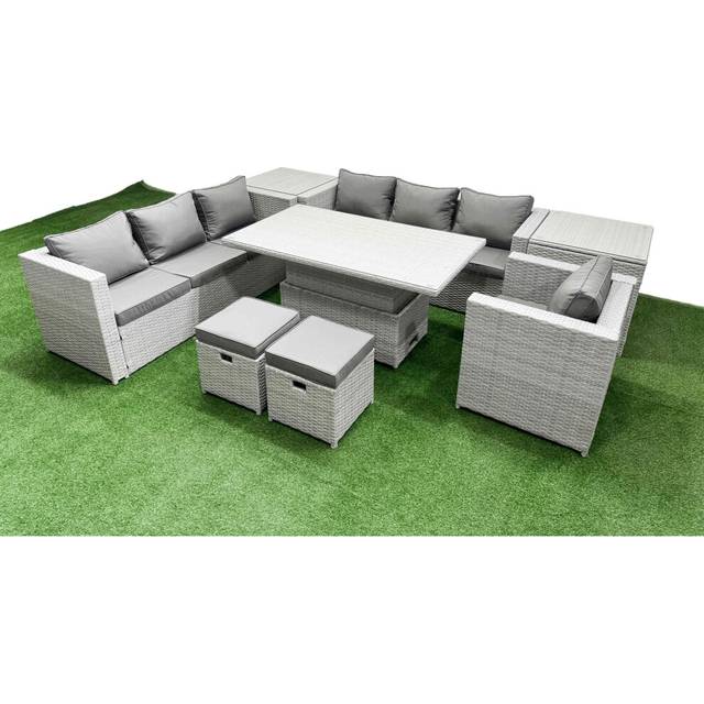 Fimous 8 PCs Rising Dining Table Set Rattan Furniture Set with 3 Seater Sofa Chair 2 Small Footstools 2 Side Tables Light Grey