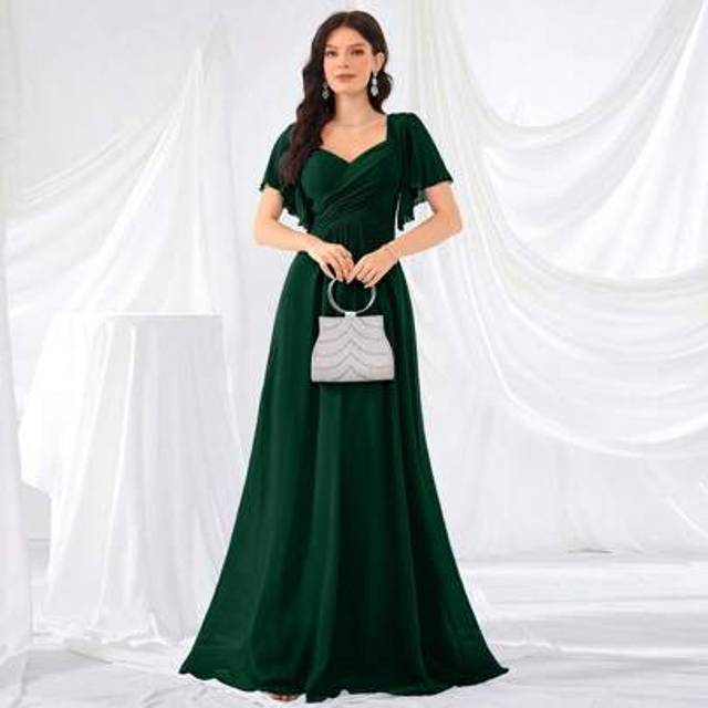 SHEIN Flounce Sleeve Back Sweetheart Neck Solid Color Tulle Dress, Bridesmaid Dress, Bride Dress, Birthday Women Outfits, Graduation Dress, Formal Dress