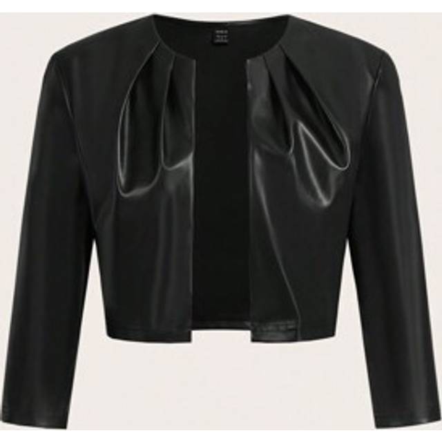 SHEIN Women&#39;s Plain Color PU Leather Pleated 3/4 Sleeve Open Front Cropped Jacket, Spring Autumn