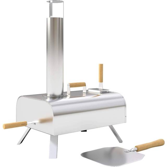 Utomhuspizzaugn, vedeldad pizzaugn av rostfritt stål, ugn med 1 cm tjock pizzasten, vikben, lock till pizzaspade, portabel vedug