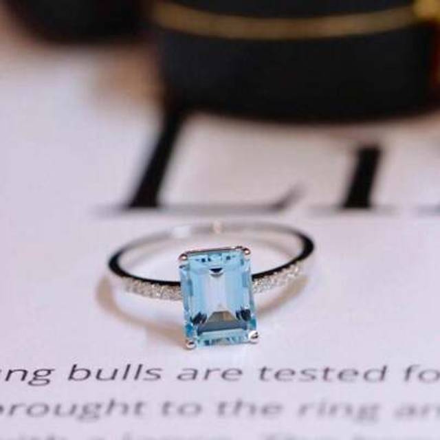 SHEIN 925 Sterling Silver Ins-Style Diamond Inlaid Square Aquamarine Ring, Versatile & Elegant Design For Women