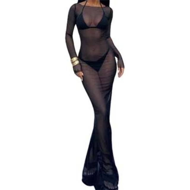 SHEIN Women&#39;s Long Sleeve Sheer Mesh Bodycon Maxi Dress Solid Color Boat Neck Slim Long Casual Dresses