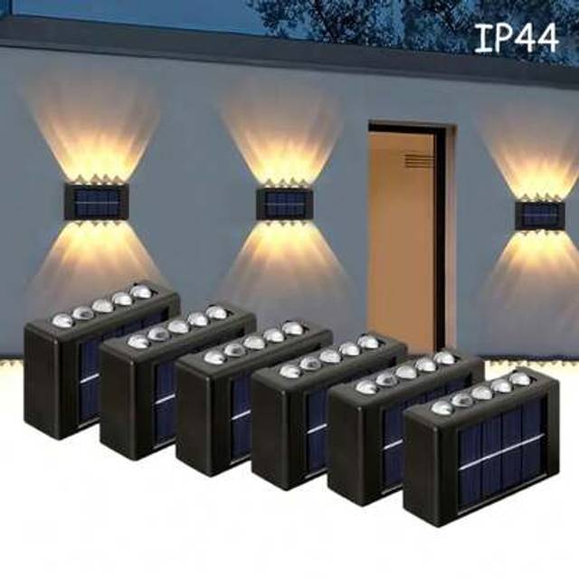 SHEIN 10 LED Solar-Powered Fence Lights, Courtyard Porch Lighting Wall Sconce, Dual Light Up Convex Mirror Light For Garden, Yard, Patio