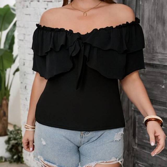SHEIN Plus Size Solid Color Off Shoulder Minimalist Blouse, Casual Everyday Wear