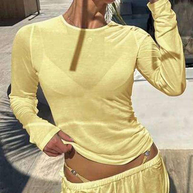 SHEIN Y2K Stretchy See-Through Long Sleeve Round Neck Slim Fit T-Shirt Going Out Tops