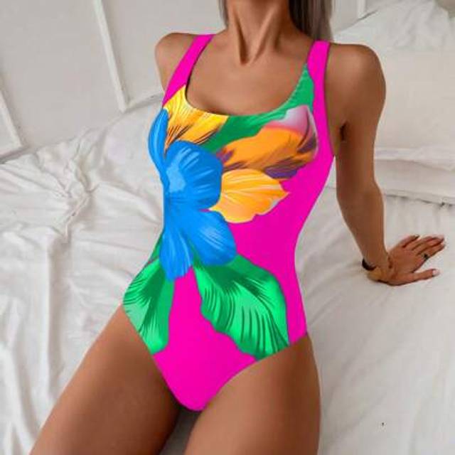 SHEIN 1pc Women&#39;s Multi-Color Floral Print Crew Neck One-Piece Swimsuit, Elegant High Leg Cut Design For Summer
