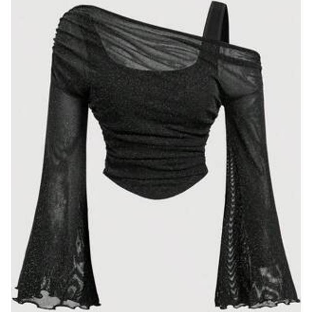 SHEIN Plus Size Black Off Shoulder Mesh Bell-Sleeve Blouse, Suitable For Dates, Parties, Formal Events, And Holidays