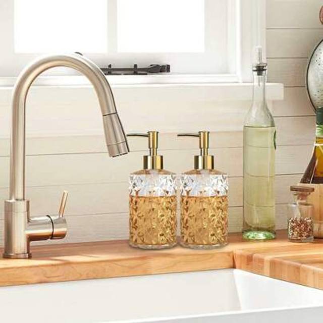 SHEIN Clear Glass Soap Dispenser, 2 Pack / 11 Oz Liquid Hand Soap Dispenser Set For Kitchen Sink And Bathroom, Dish Soap Dispenser Set Jar Lotion Glass Soap