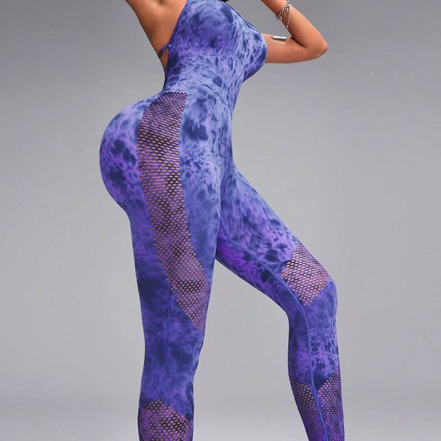 SHEIN Women&#39;s Tie-Dye Seamless Fitness Jumpsuit With Built-In Bra And Removable Pads, Sports Stretch Yoga Fitness Jumpsuit, Gradient Boho Style One-Piece Sp