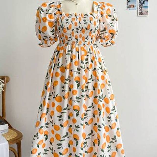 Soleia Plus Size Boho Fruit Print Square Neck Puff Sleeve Dress, For Summer,Beach Dress Sundress,Holiday Outfits